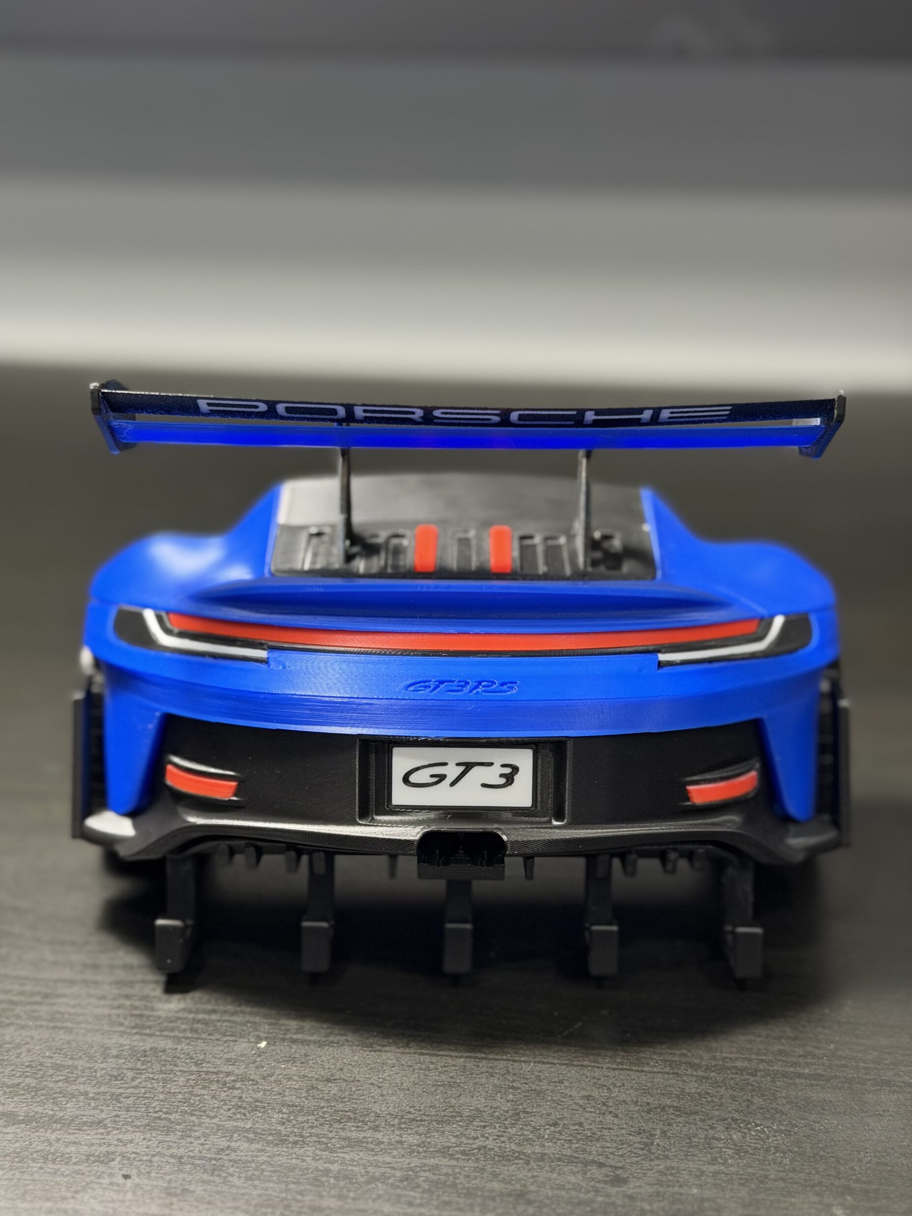 Porsche GT3RS key holder 3D printed rear view blue with red accents and diffuser hooks Canada